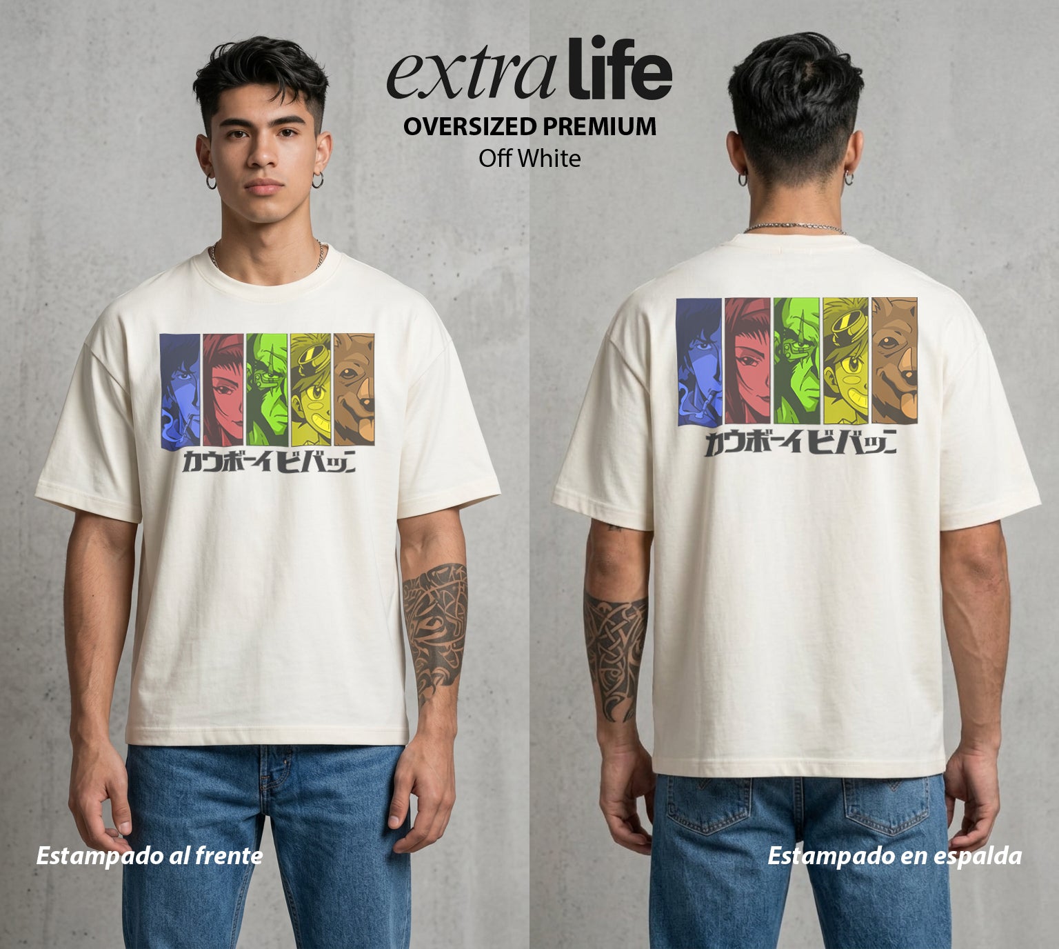 Vaqueros del Espacio | Las Caras del Cosmos #00516 - Playera Oversized Premium | Off White - Foto en modelo