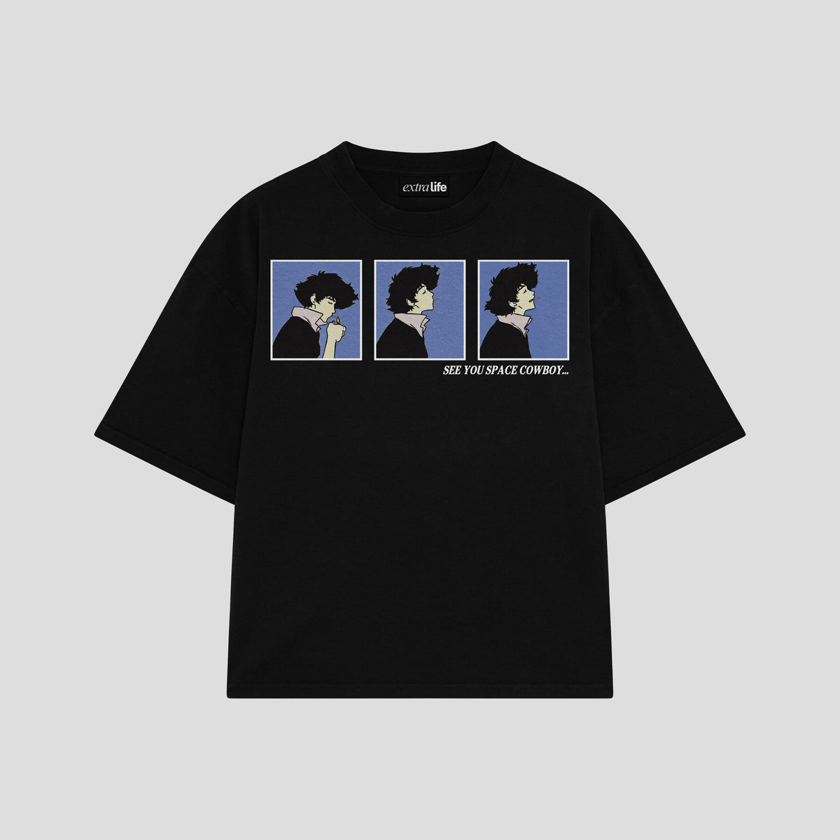 Playera streetwear premium de anime y gaming ExtraLife MX, corte oversized drop shoulder ligero y fresco en color Deep Black y Off-White, moda urbana mexicana de culto.