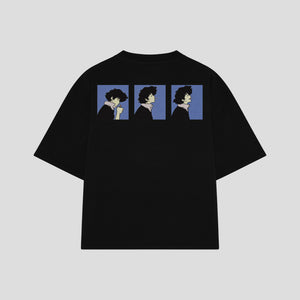 Playera streetwear premium de anime y gaming ExtraLife MX, corte boxy oversized drop shoulder heavyweight en color Deep Black y Off-White, moda urbana mexicana de culto.