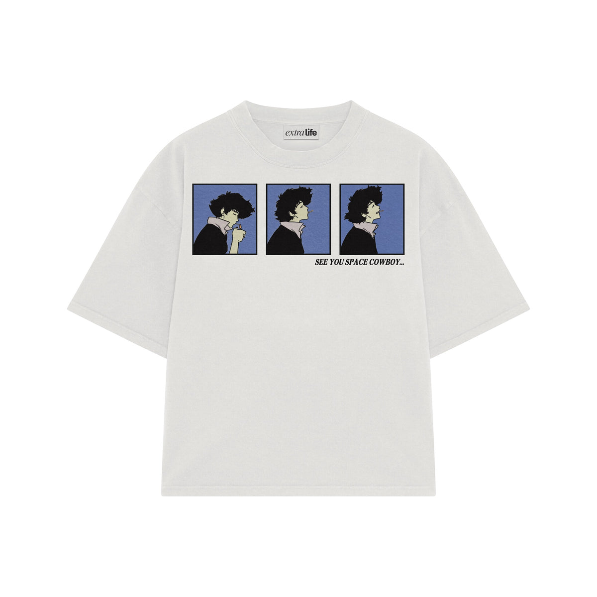 Playera streetwear premium de anime y gaming ExtraLife MX, corte oversized drop shoulder ligero y fresco en color Deep Black y Off-White, moda urbana mexicana de culto.