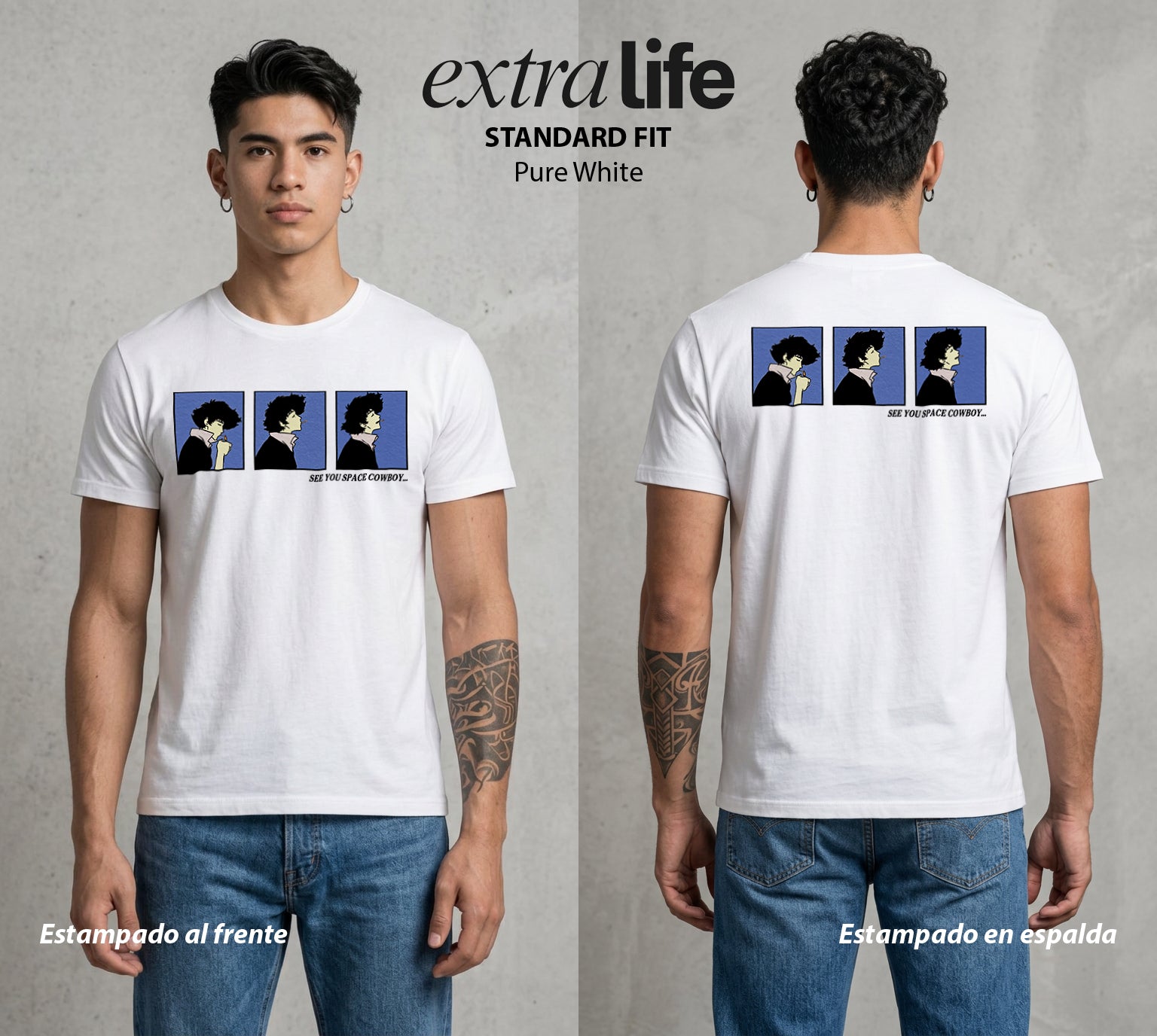Vaqueros del Espacio | El Adios Estelar Hasta Luego #00518 - Playera Standard Fit | Pure White - Foto en modelo
