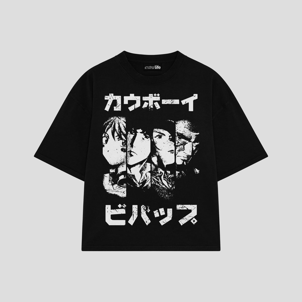 Playera streetwear premium de anime y gaming ExtraLife MX, corte oversized drop shoulder ligero y fresco en color Deep Black y Off-White, moda urbana mexicana de culto.