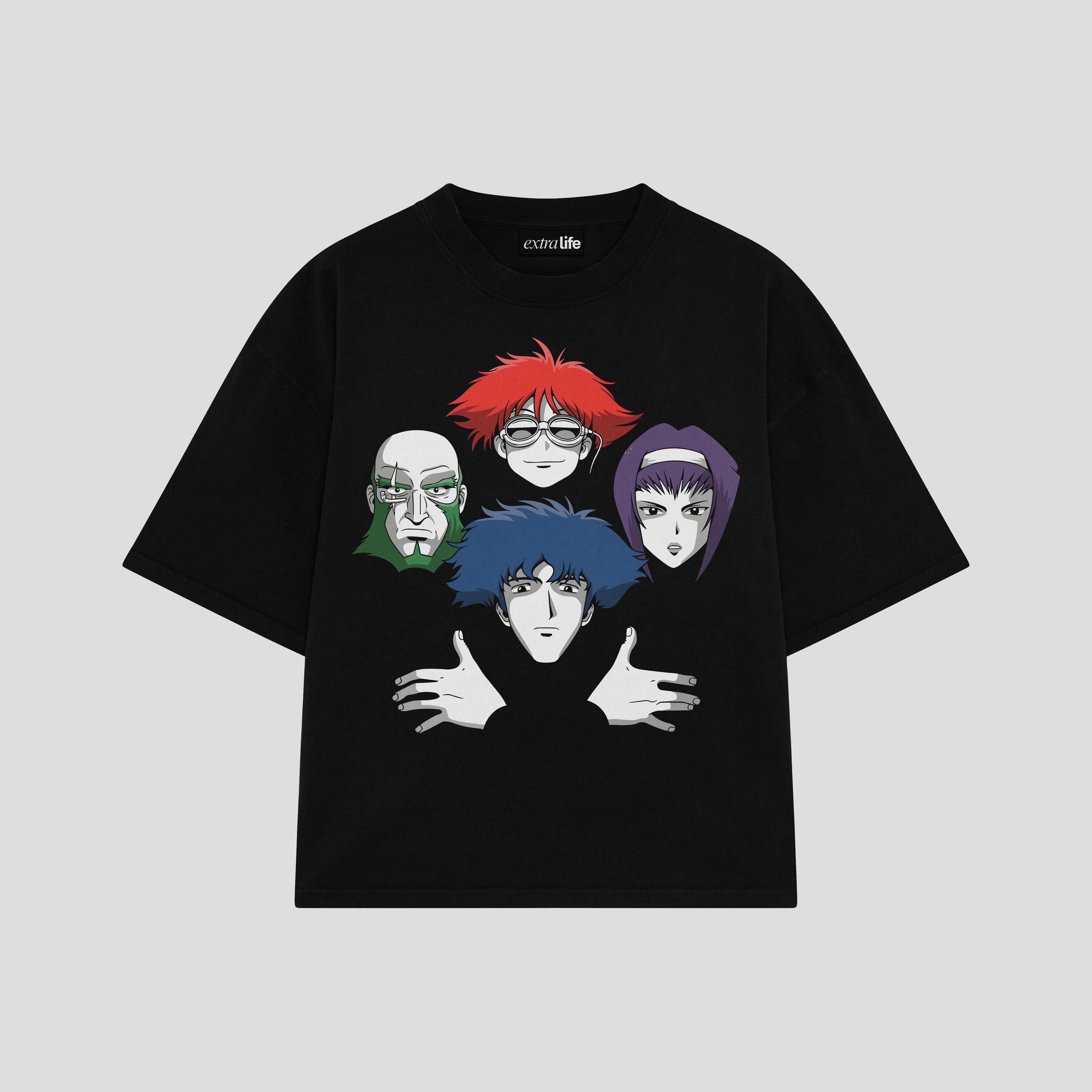 Playera streetwear premium de anime y gaming ExtraLife MX, corte boxy oversized drop shoulder heavyweight en color Deep Black y Off-White, moda urbana mexicana de culto.