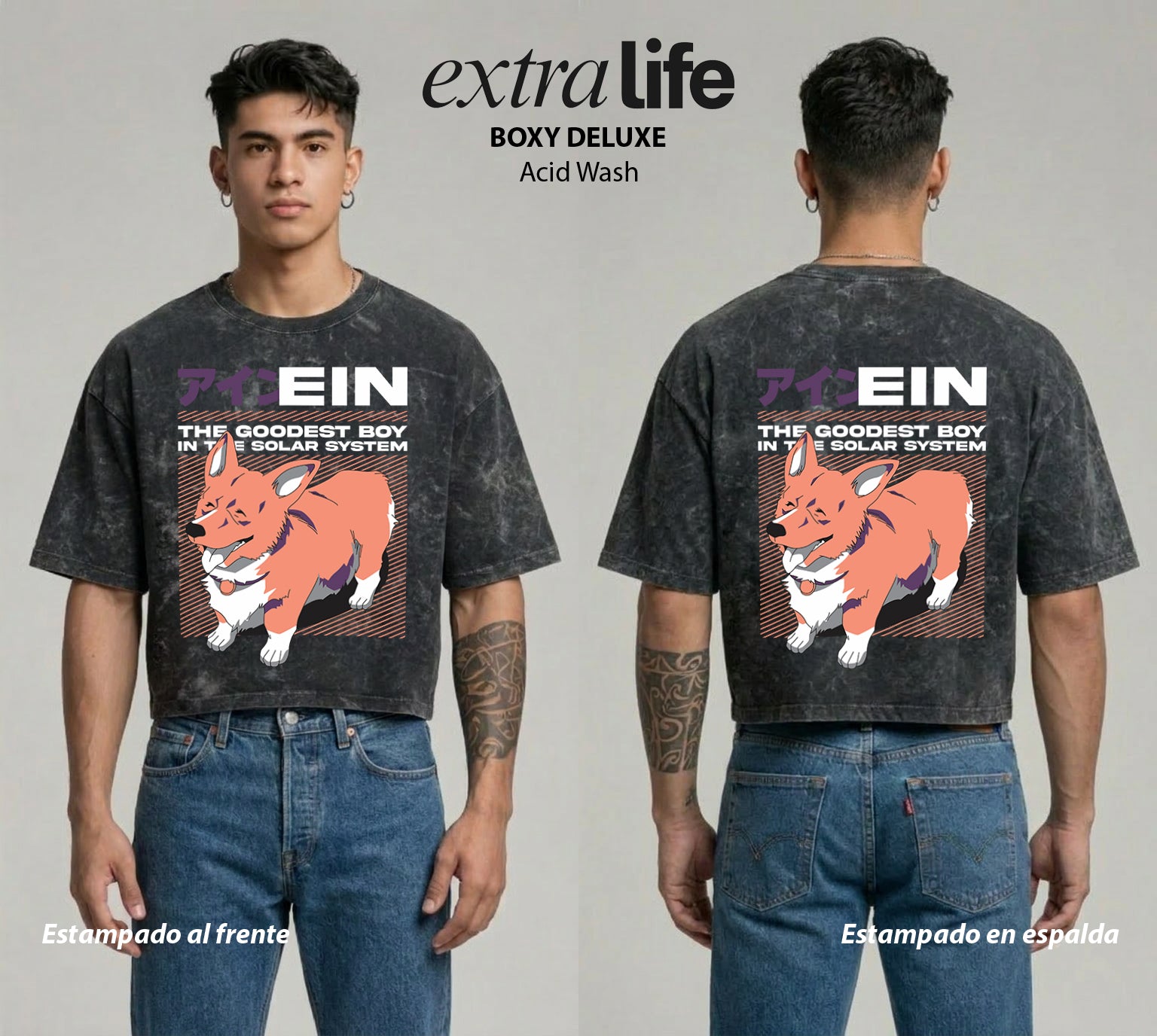 Playera streetwear premium de anime y gaming ExtraLife MX, corte boxy deluxe mineral wash heavyweight en color Acid Wash, moda urbana mexicana de culto.
