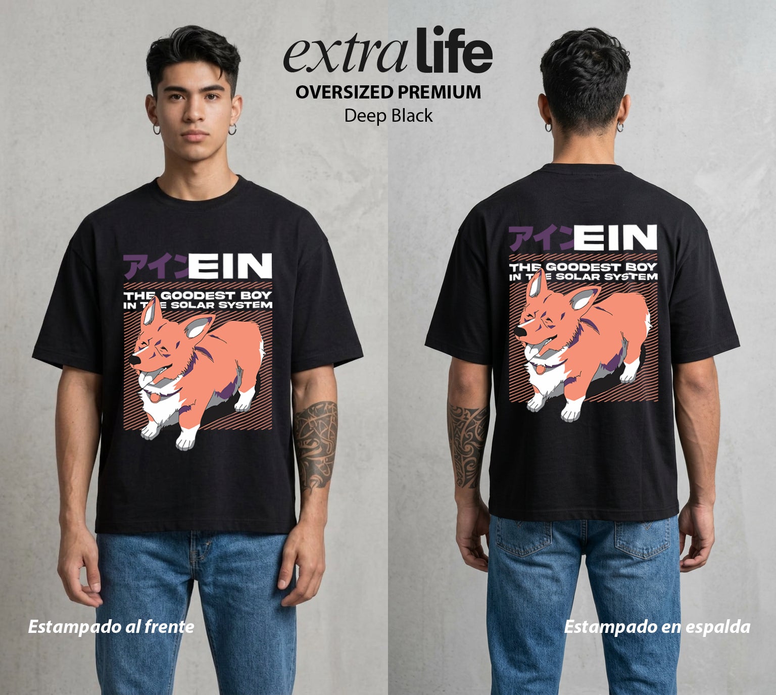 Vaqueros del Espacio | El Corgi Cosmico #00522 - Playera Oversized Premium | Deep Black - Foto en modelo