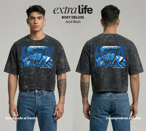 Playera streetwear premium de anime y gaming ExtraLife MX, corte boxy deluxe mineral wash heavyweight en color Acid Wash, moda urbana mexicana de culto.
