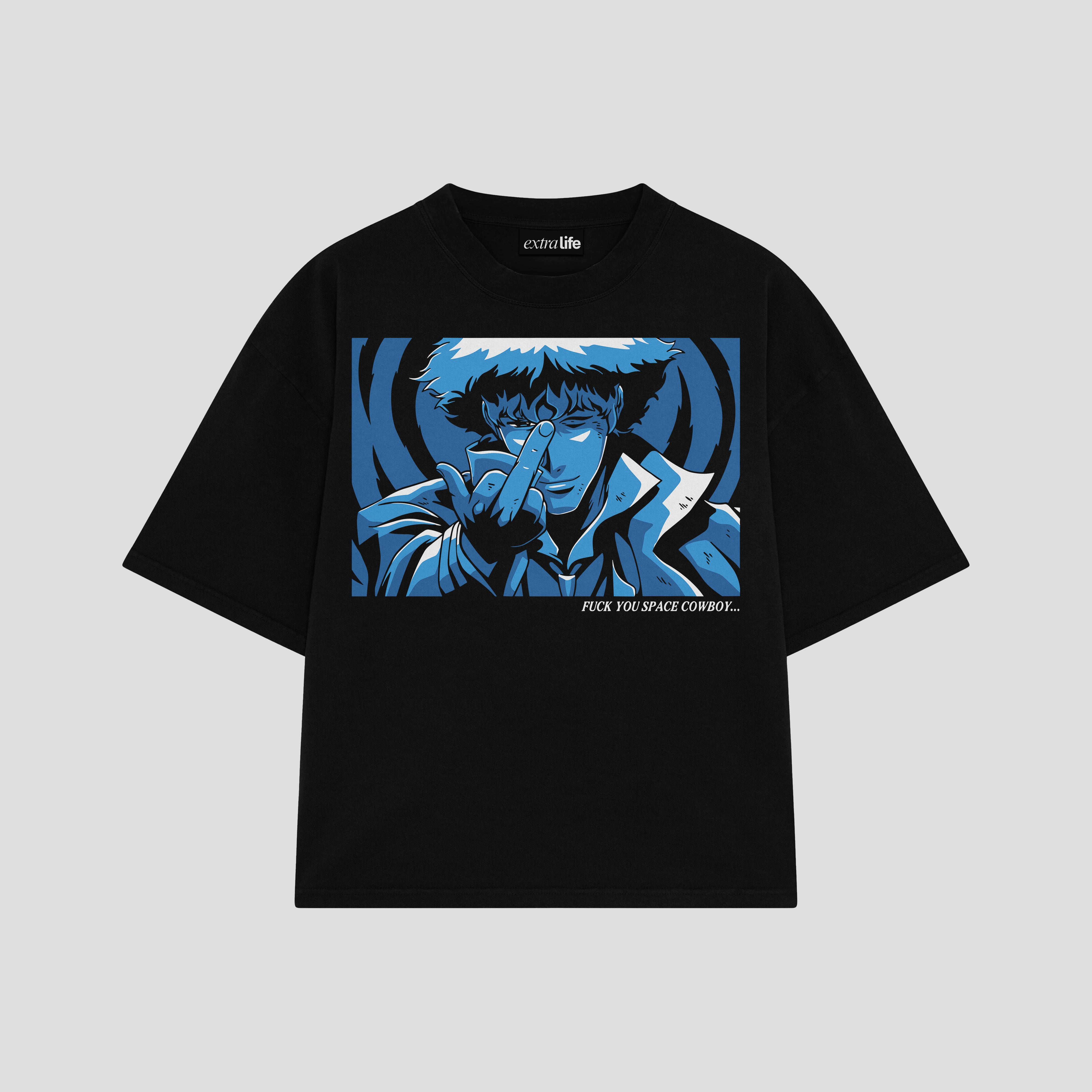 Playera streetwear premium de anime y gaming ExtraLife MX, corte boxy oversized drop shoulder heavyweight en color Deep Black y Off-White, moda urbana mexicana de culto.