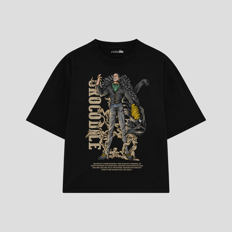 Playera streetwear premium de anime y gaming ExtraLife MX, corte boxy oversized drop shoulder heavyweight en color Deep Black y Off-White, moda urbana mexicana de culto.