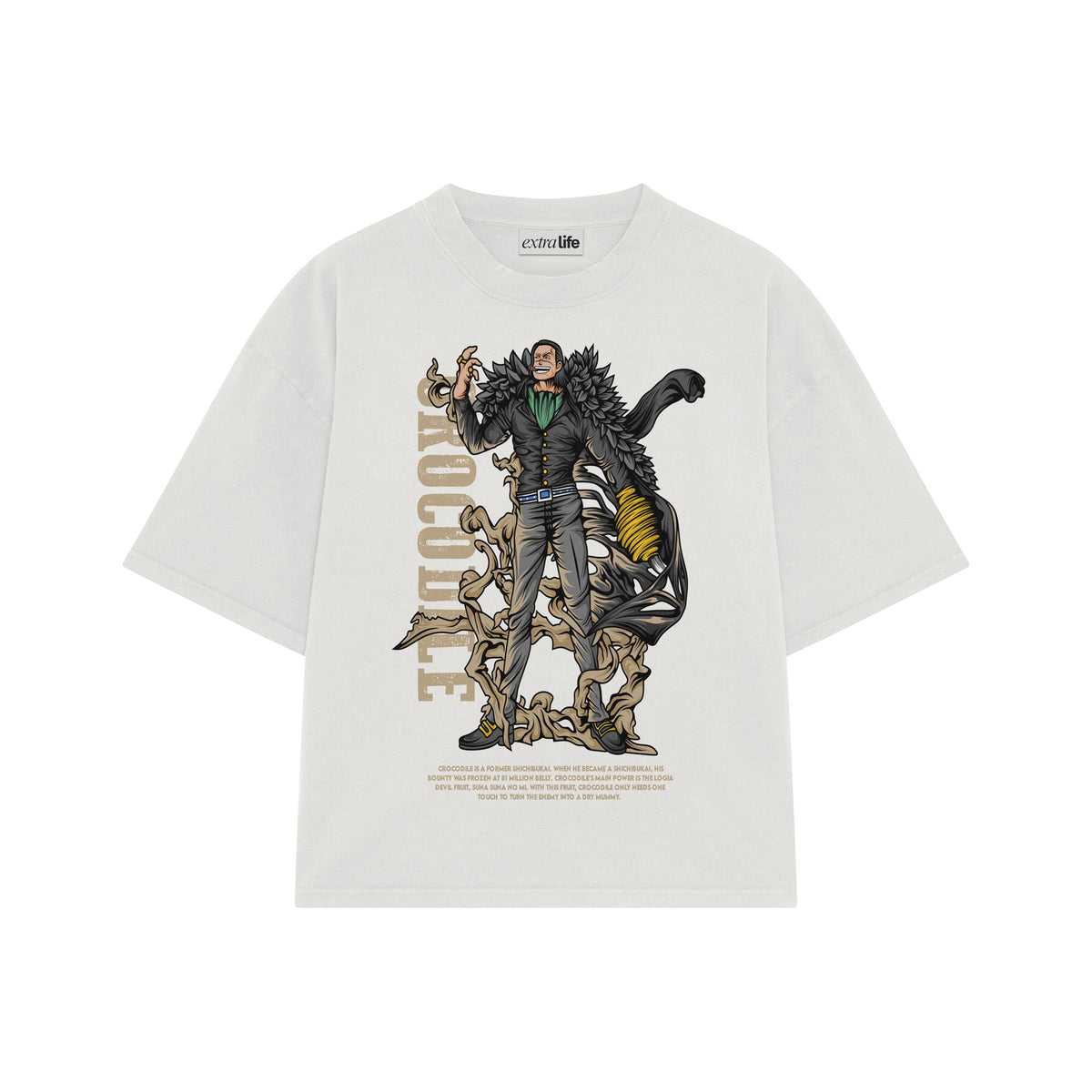Playera streetwear premium de anime y gaming ExtraLife MX, corte oversized drop shoulder ligero y fresco en color Deep Black y Off-White, moda urbana mexicana de culto.