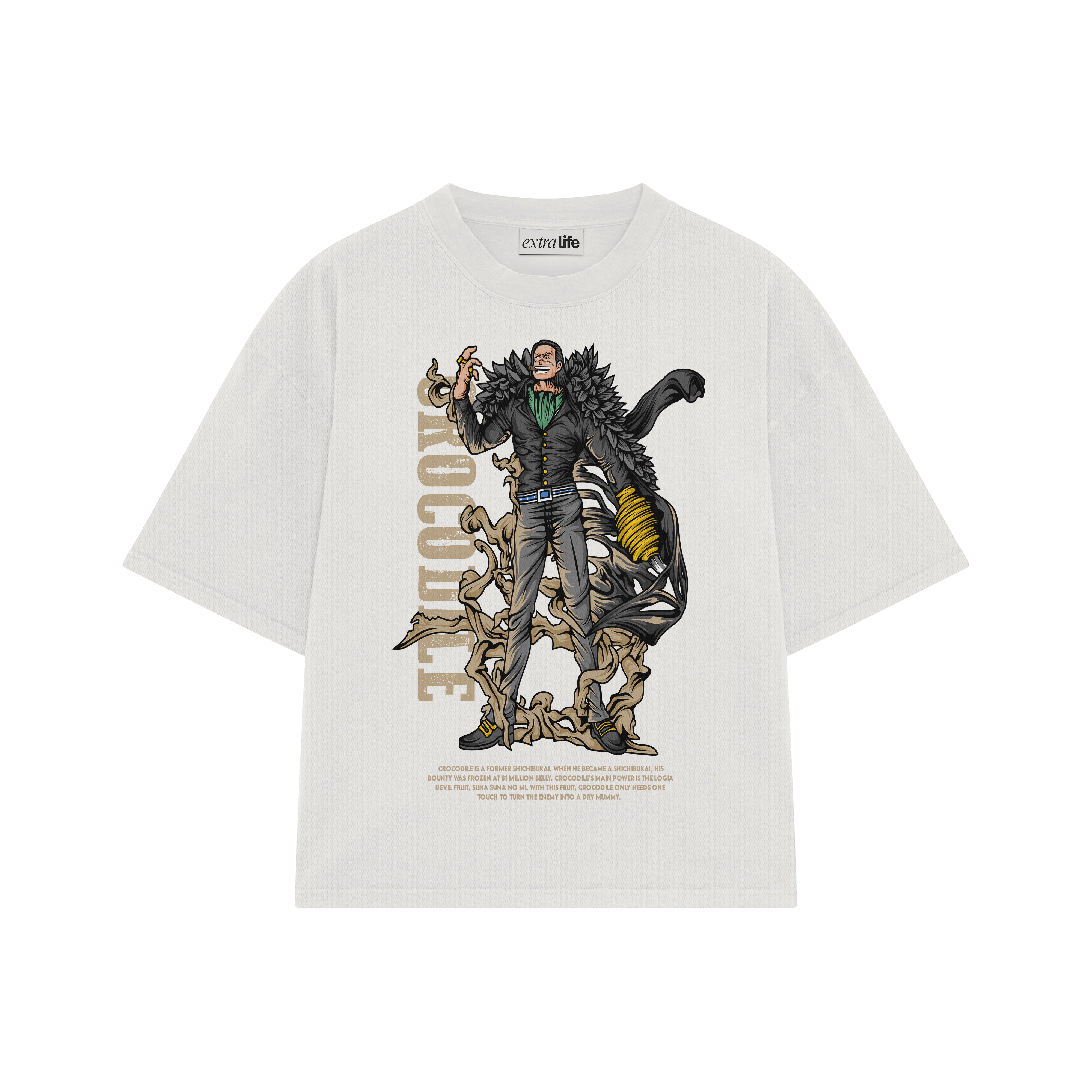 Playera streetwear premium de anime y gaming ExtraLife MX, corte boxy oversized drop shoulder heavyweight en color Deep Black y Off-White, moda urbana mexicana de culto.