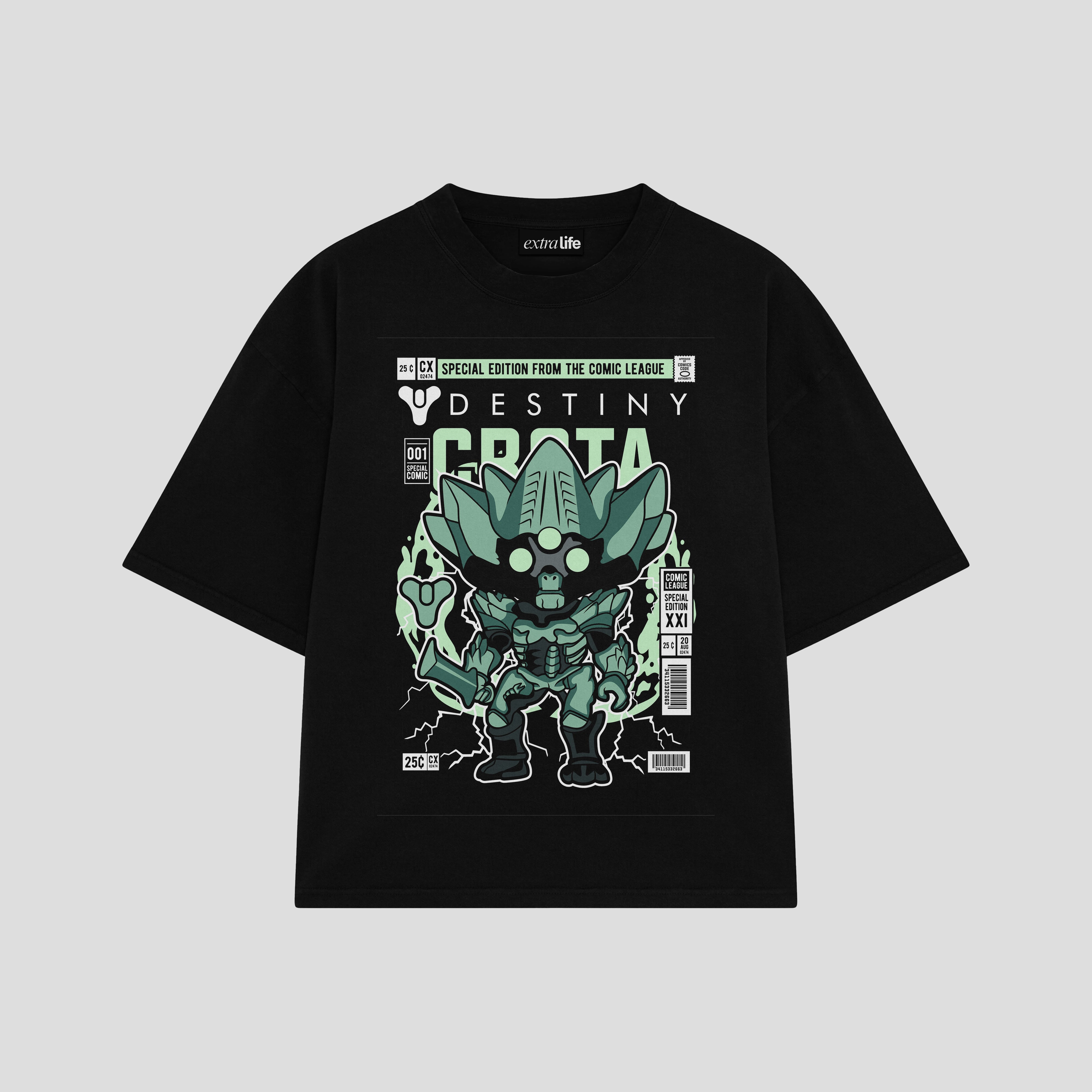 Playera streetwear premium de anime y gaming ExtraLife MX, corte boxy oversized drop shoulder heavyweight en color Deep Black y Off-White, moda urbana mexicana de culto.
