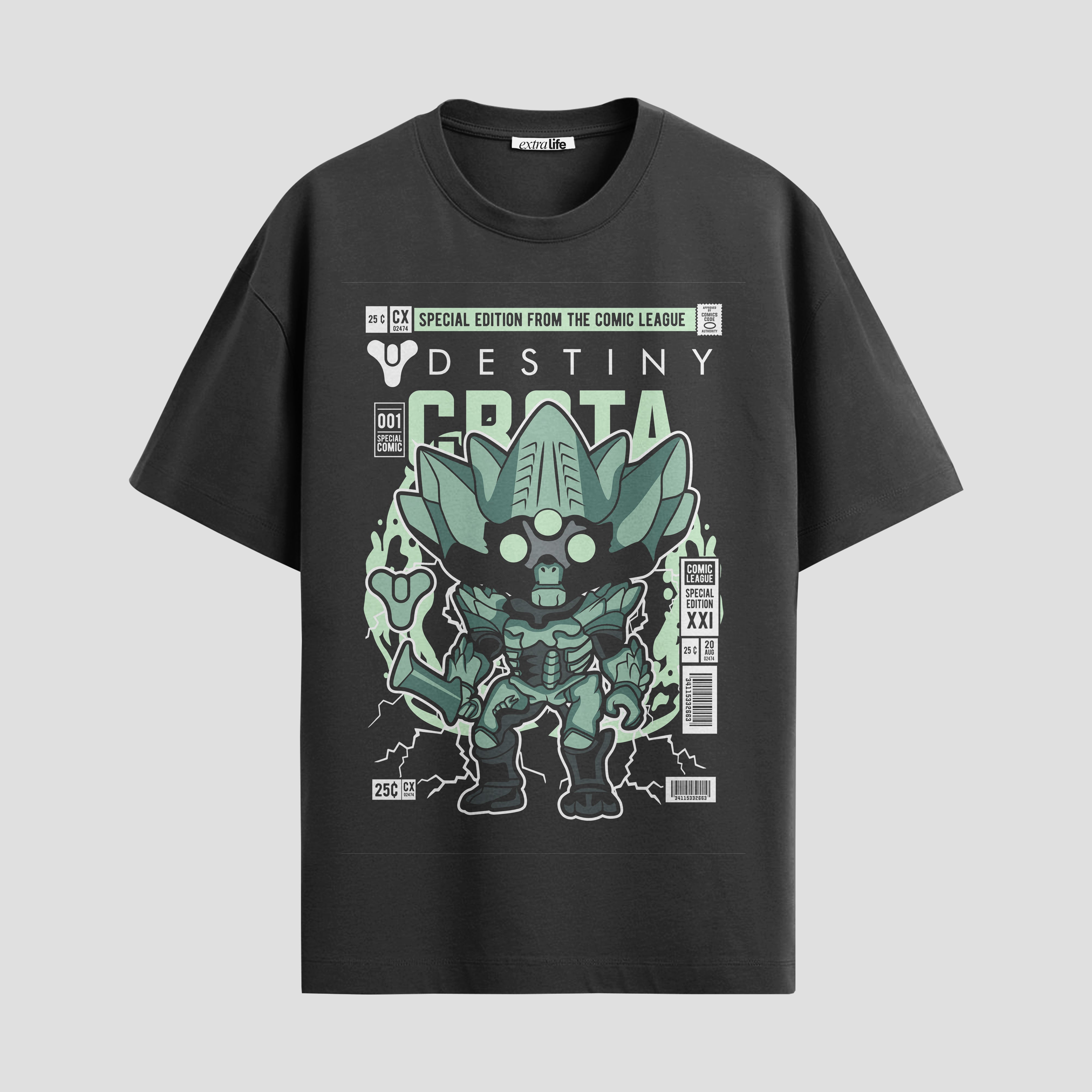 Playera urbana de anime y gaming ExtraLife MX, corte Standard Fit unisex ligero y transpirable en color Deep Black y Pure White, ropa de uso diario para gym y casual.