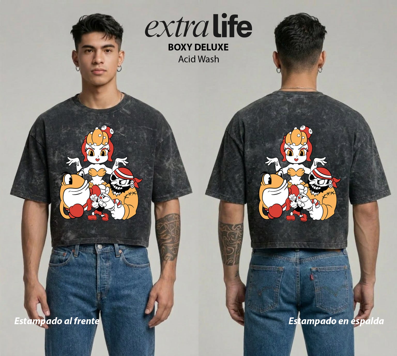 Playera streetwear premium de anime y gaming ExtraLife MX, corte boxy deluxe mineral wash heavyweight en color Acid Wash, moda urbana mexicana de culto.