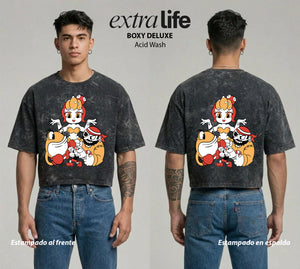 Playera streetwear premium de anime y gaming ExtraLife MX, corte boxy deluxe mineral wash heavyweight en color Acid Wash, moda urbana mexicana de culto.