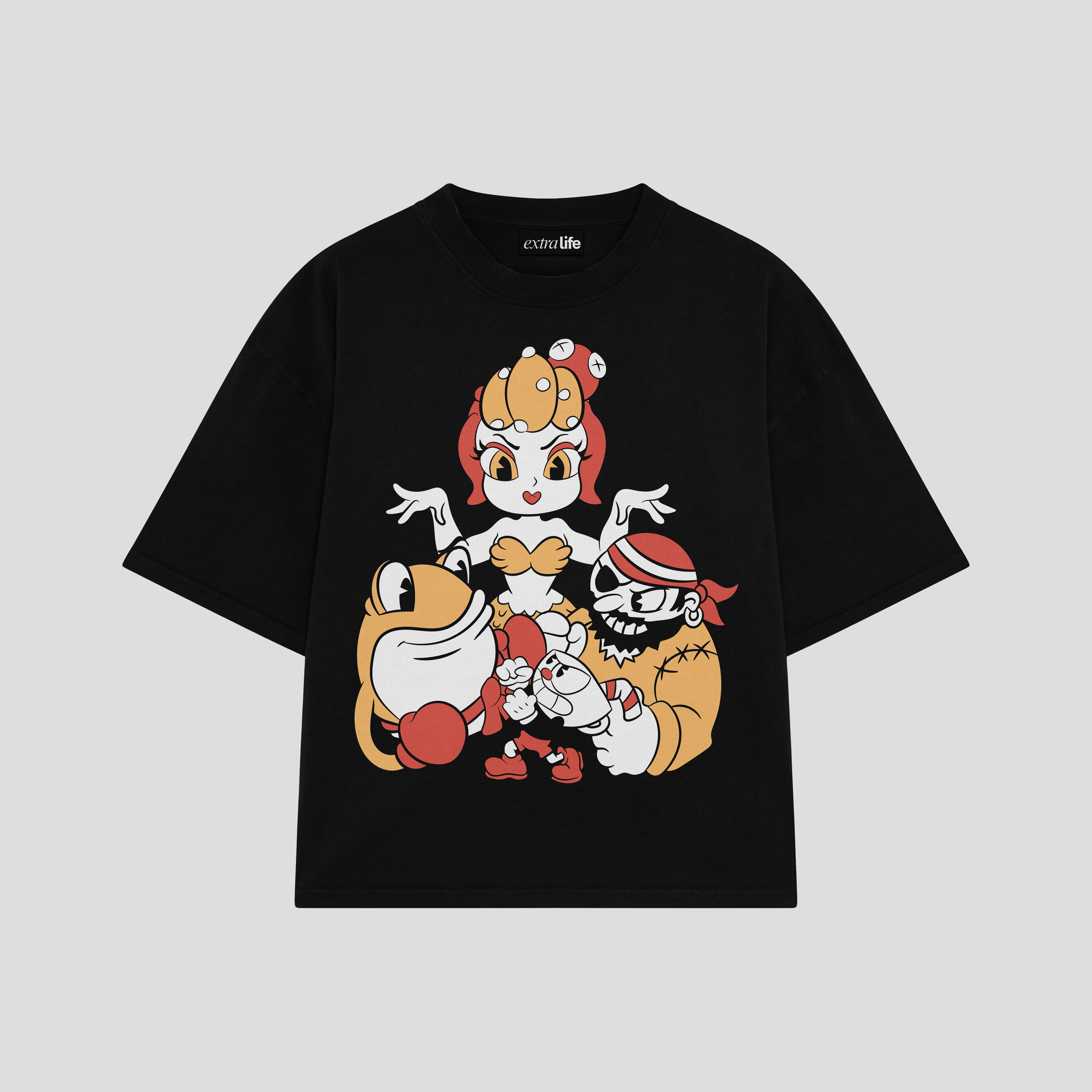Playera streetwear premium de anime y gaming ExtraLife MX, corte boxy oversized drop shoulder heavyweight en color Deep Black y Off-White, moda urbana mexicana de culto.