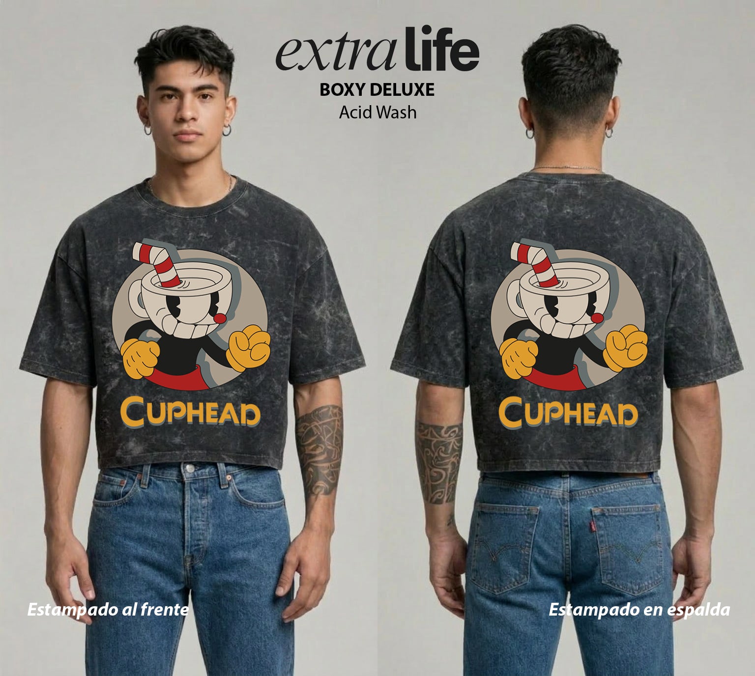 Playera streetwear premium de anime y gaming ExtraLife MX, corte boxy deluxe mineral wash heavyweight en color Acid Wash, moda urbana mexicana de culto.