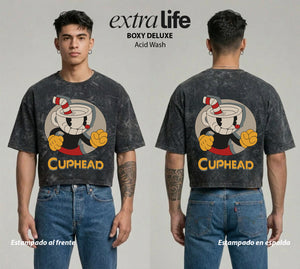 Playera streetwear premium de anime y gaming ExtraLife MX, corte boxy deluxe mineral wash heavyweight en color Acid Wash, moda urbana mexicana de culto.