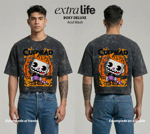 Playera streetwear premium de anime y gaming ExtraLife MX, corte boxy deluxe mineral wash heavyweight en color Acid Wash, moda urbana mexicana de culto.