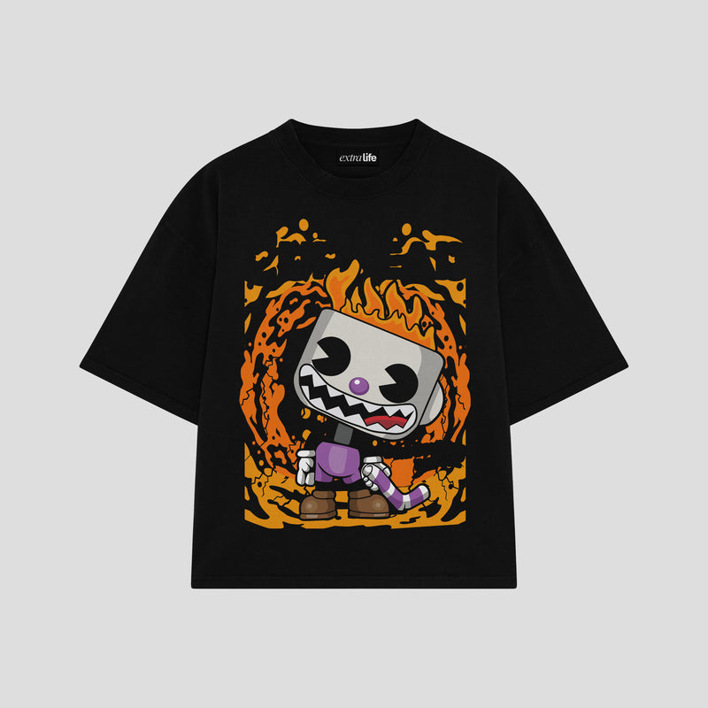 Playera streetwear premium de anime y gaming ExtraLife MX, corte boxy oversized drop shoulder heavyweight en color Deep Black y Off-White, moda urbana mexicana de culto.