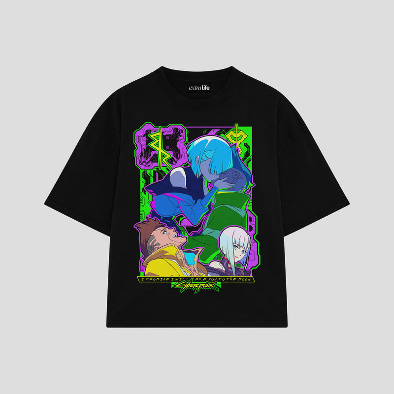 Playera streetwear premium de anime y gaming ExtraLife MX, corte boxy oversized drop shoulder heavyweight en color Deep Black y Off-White, moda urbana mexicana de culto.