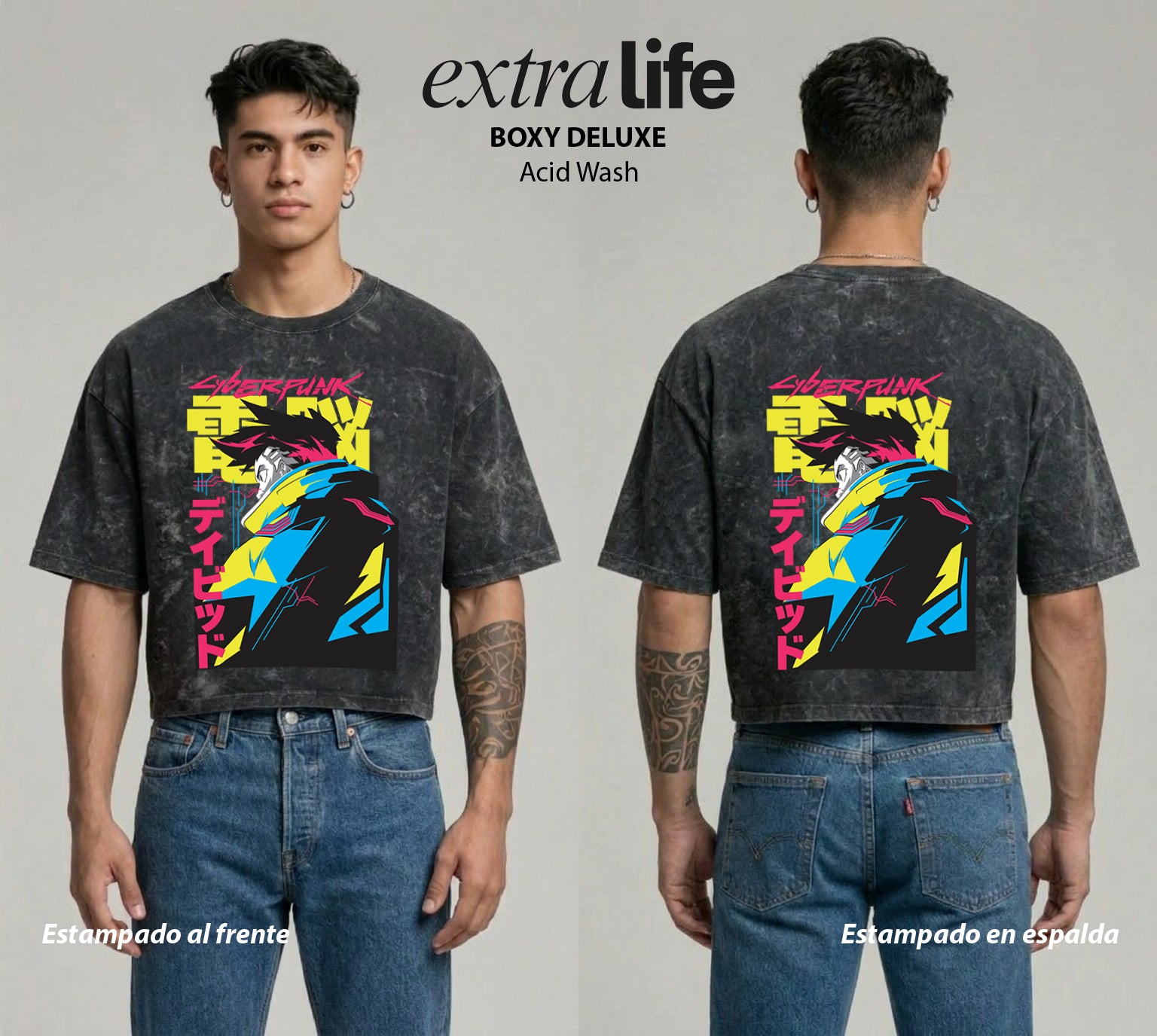 Playera streetwear premium de anime y gaming ExtraLife MX, corte boxy deluxe mineral wash heavyweight en color Acid Wash, moda urbana mexicana de culto.