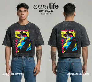 Playera streetwear premium de anime y gaming ExtraLife MX, corte boxy deluxe mineral wash heavyweight en color Acid Wash, moda urbana mexicana de culto.