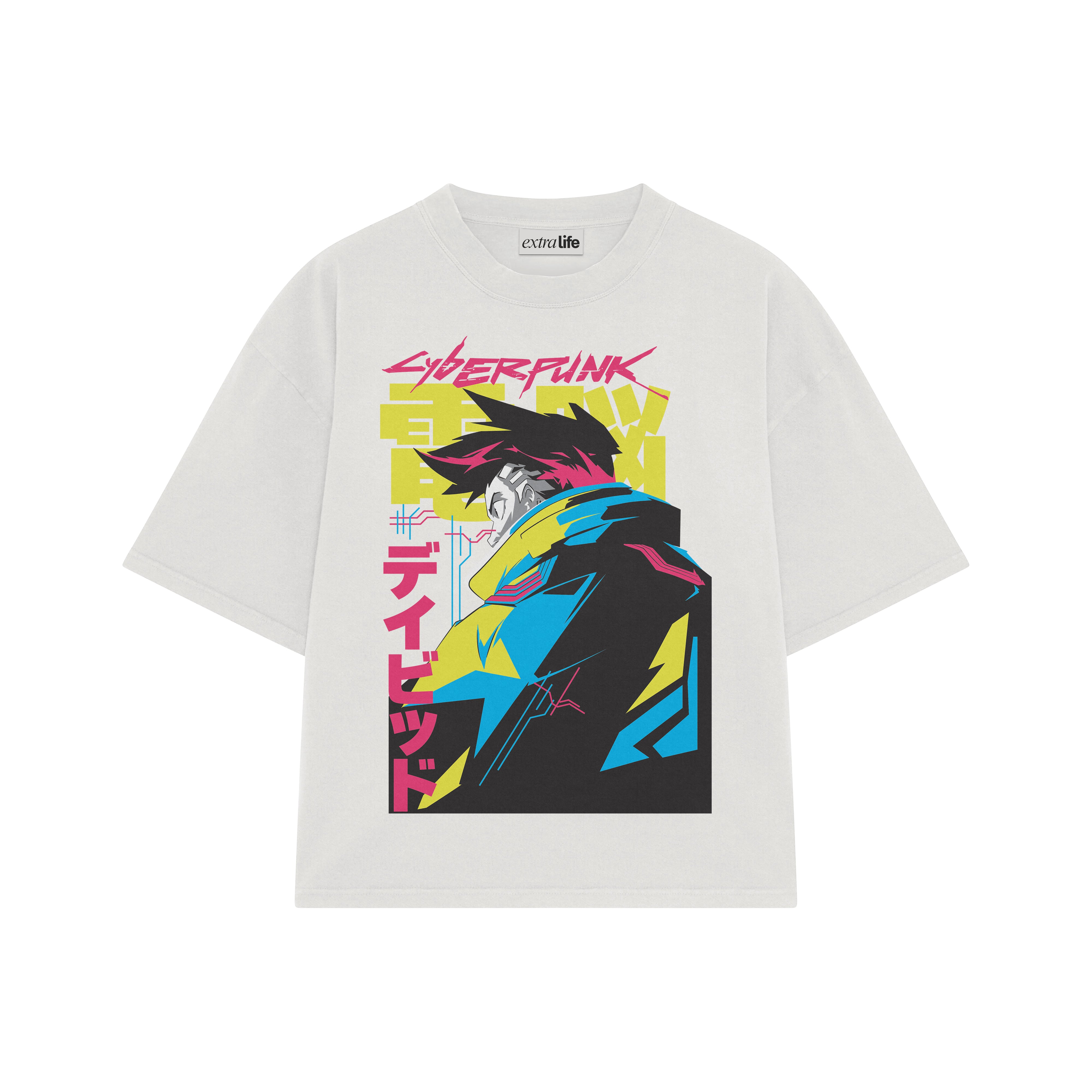 Playera streetwear premium de anime y gaming ExtraLife MX, corte boxy oversized drop shoulder heavyweight en color Deep Black y Off-White, moda urbana mexicana de culto.