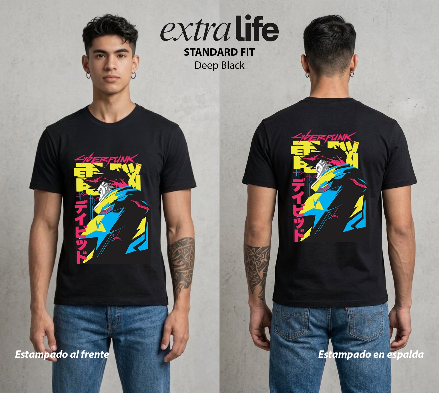 Los Corredores del Filo | Cyberpunk Edgerunners David #00538 - Playera Standard Fit | Deep Black - Foto en modelo