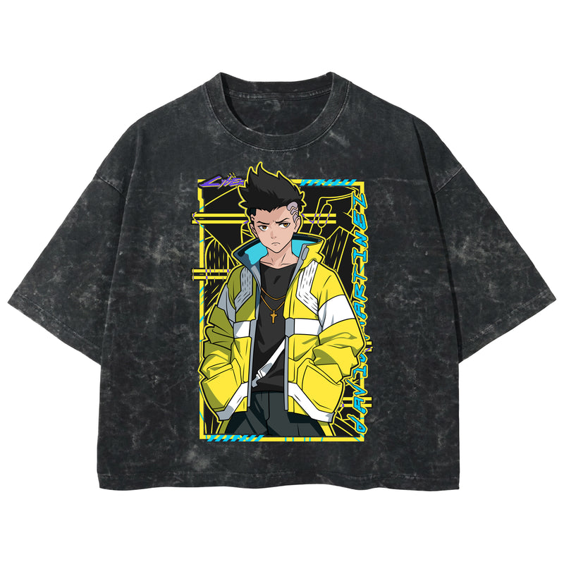 Playera streetwear premium de anime y gaming ExtraLife MX, corte boxy deluxe mineral wash heavyweight en color Acid Wash, moda urbana mexicana de culto.