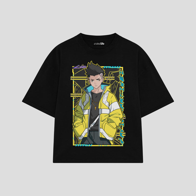 Playera streetwear premium de anime y gaming ExtraLife MX, corte boxy oversized drop shoulder heavyweight en color Deep Black y Off-White, moda urbana mexicana de culto.