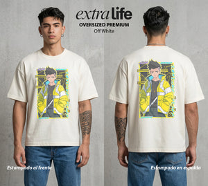 Los Corredores del Filo | Cyberpunk Edgerunners David #00539 - Playera Oversized Premium | Off White - Foto en modelo