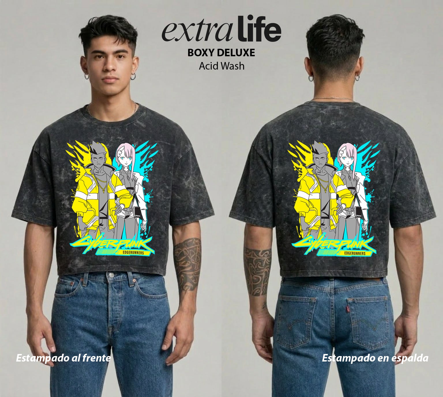 Playera streetwear premium de anime y gaming ExtraLife MX, corte boxy deluxe mineral wash heavyweight en color Acid Wash, moda urbana mexicana de culto.
