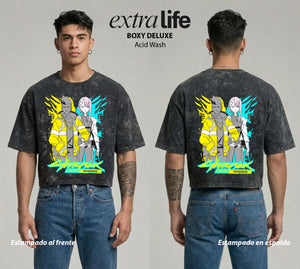 Playera streetwear premium de anime y gaming ExtraLife MX, corte boxy deluxe mineral wash heavyweight en color Acid Wash, moda urbana mexicana de culto.