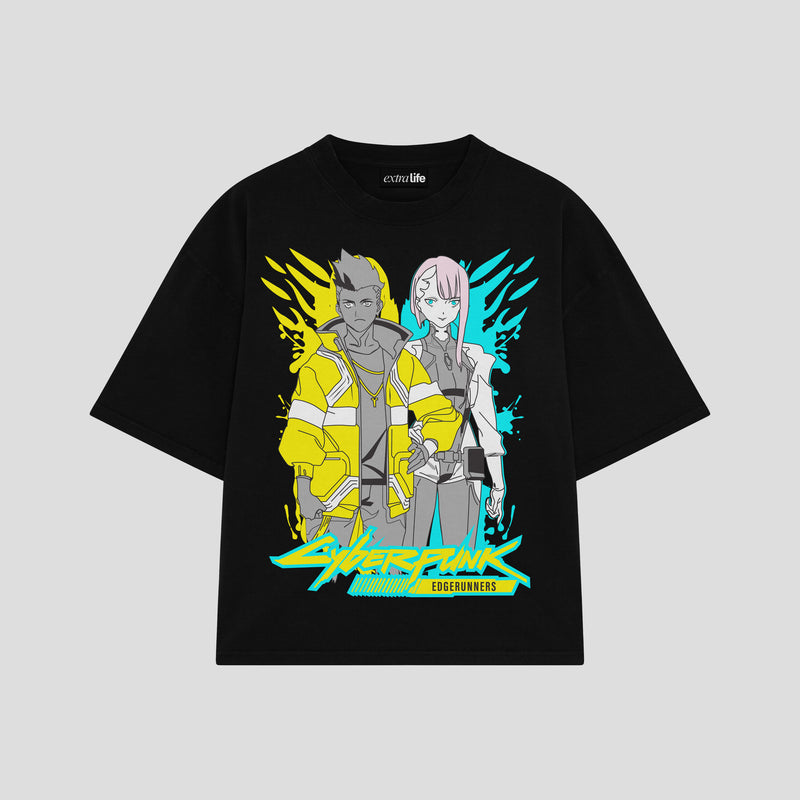 Playera streetwear premium de anime y gaming ExtraLife MX, corte boxy oversized drop shoulder heavyweight en color Deep Black y Off-White, moda urbana mexicana de culto.