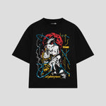Playera streetwear premium de anime y gaming ExtraLife MX, corte boxy oversized drop shoulder heavyweight en color Deep Black y Off-White, moda urbana mexicana de culto.