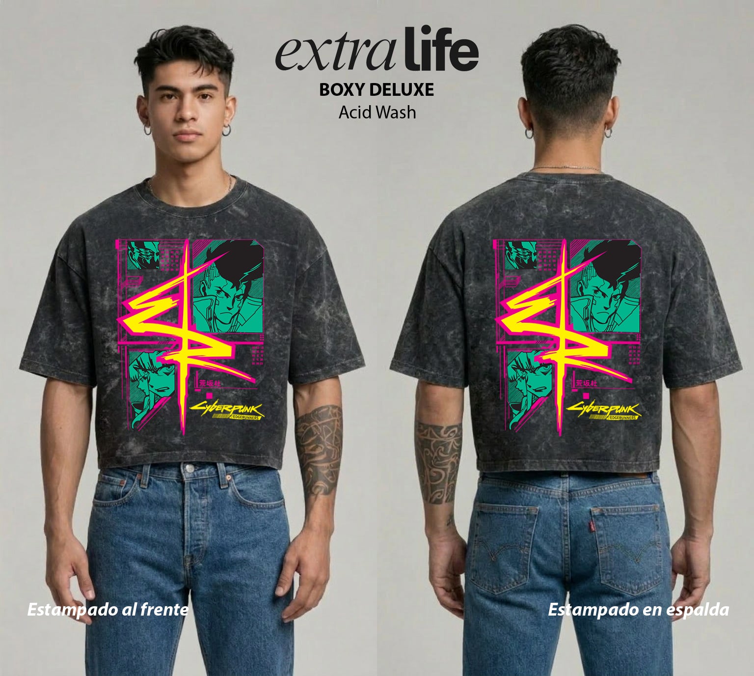 Playera streetwear premium de anime y gaming ExtraLife MX, corte boxy deluxe mineral wash heavyweight en color Acid Wash, moda urbana mexicana de culto.