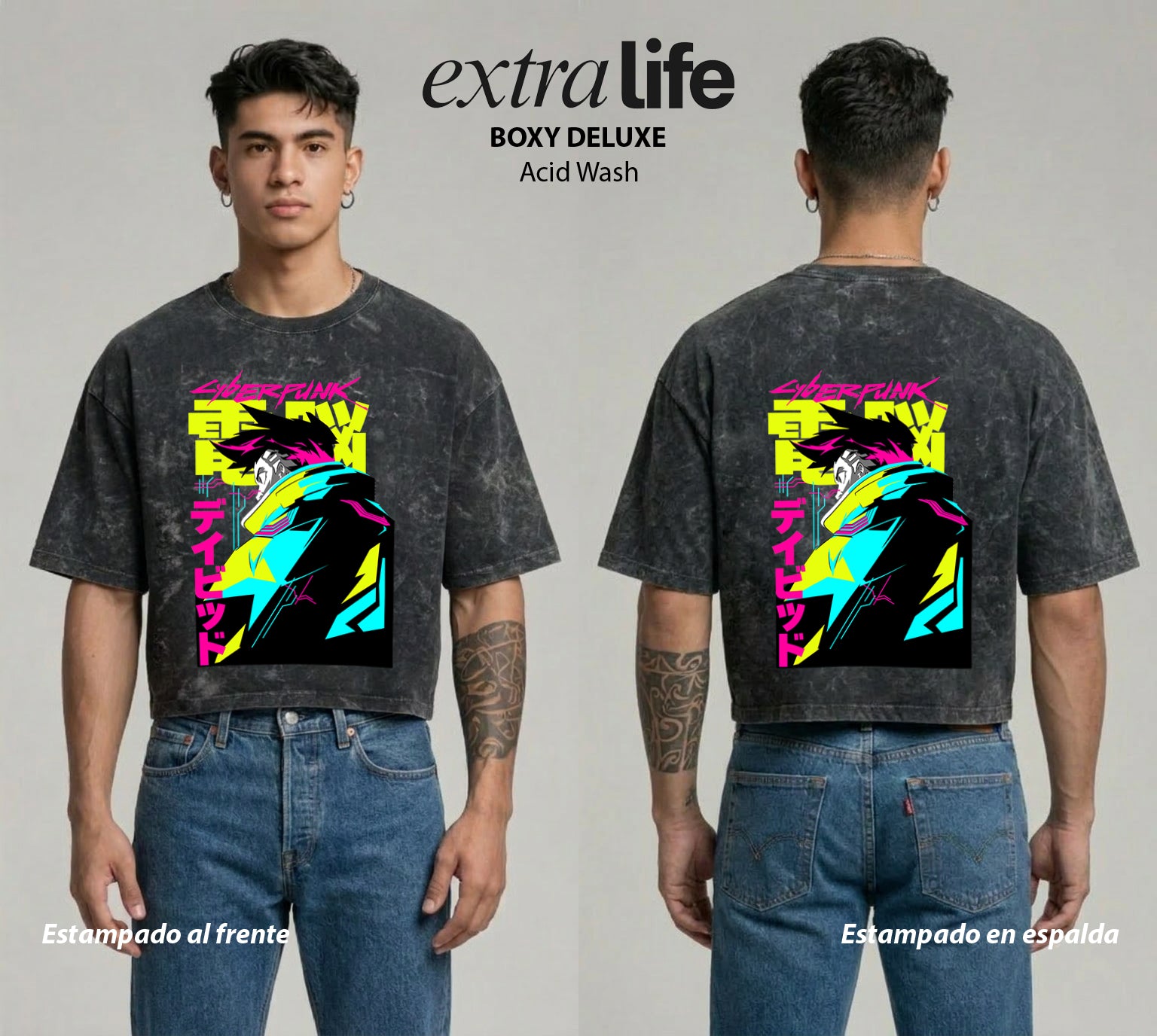 Playera streetwear premium de anime y gaming ExtraLife MX, corte boxy deluxe mineral wash heavyweight en color Acid Wash, moda urbana mexicana de culto.