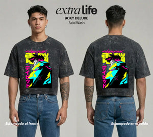 Playera streetwear premium de anime y gaming ExtraLife MX, corte boxy deluxe mineral wash heavyweight en color Acid Wash, moda urbana mexicana de culto.