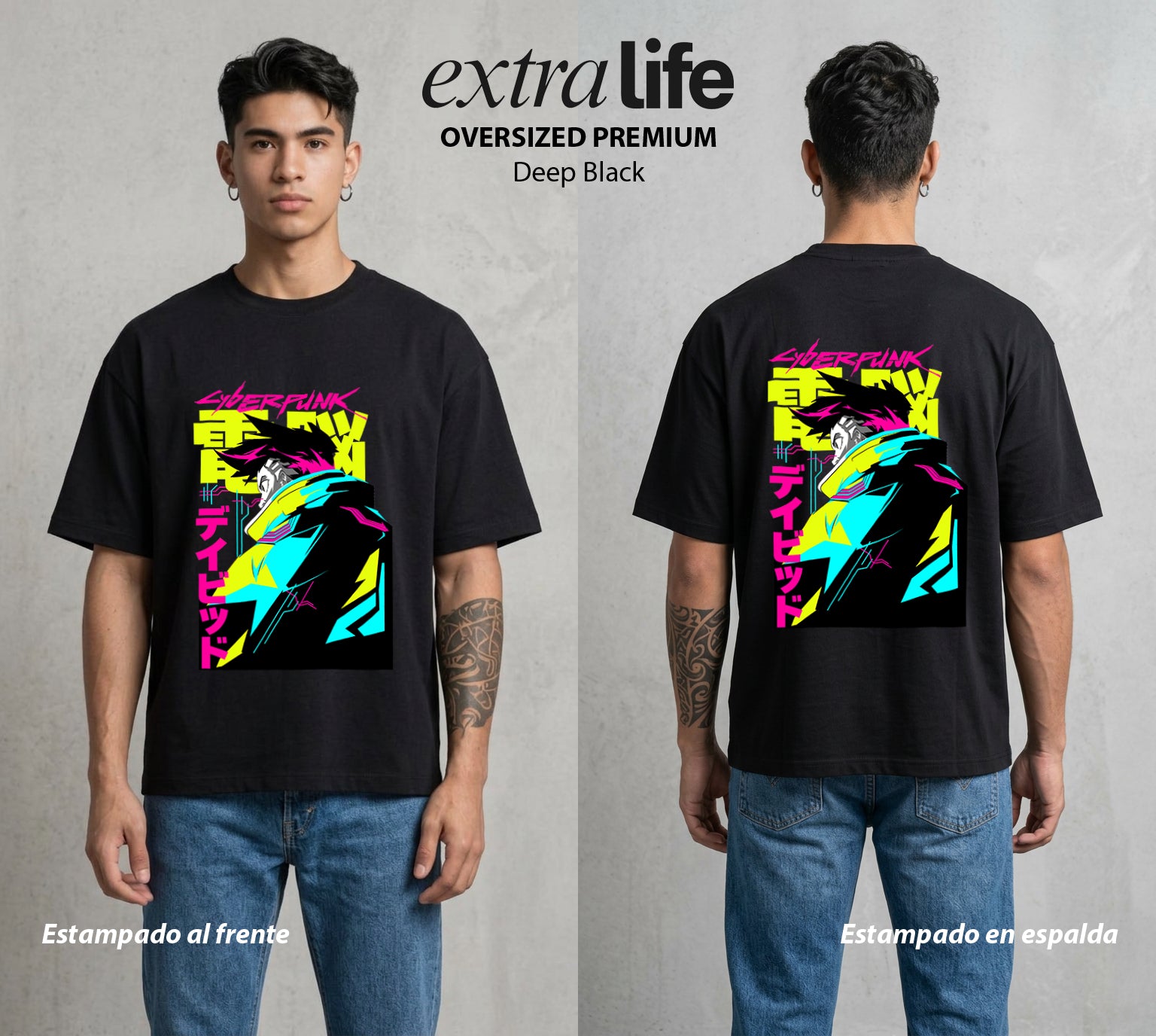 Los Corredores del Filo | Cyberpunk Edgerunners David #00544 - Playera Oversized Premium | Deep Black - Foto en modelo