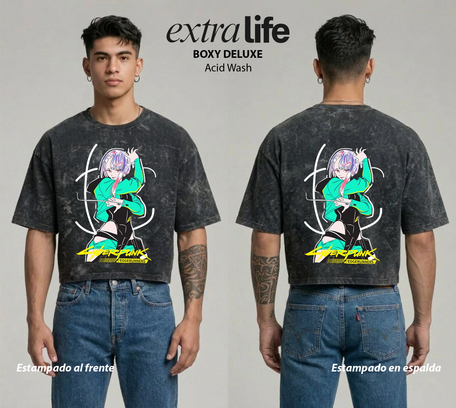 Playera streetwear premium de anime y gaming ExtraLife MX, corte boxy deluxe mineral wash heavyweight en color Acid Wash, moda urbana mexicana de culto.