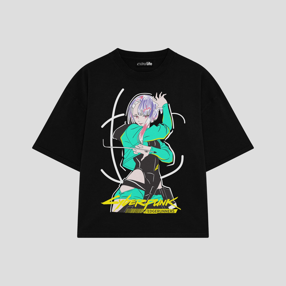 Playera streetwear premium de anime y gaming ExtraLife MX, corte oversized drop shoulder ligero y fresco en color Deep Black y Off-White, moda urbana mexicana de culto.