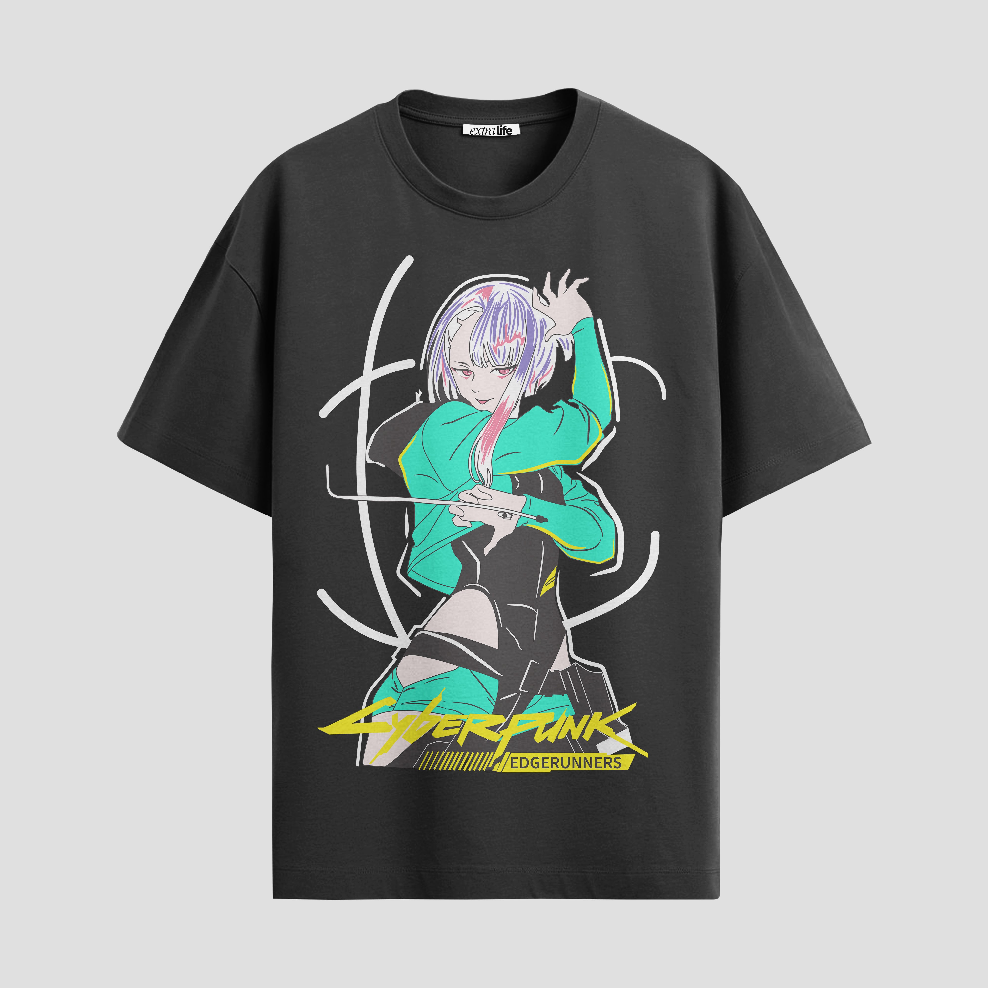 Playera urbana de anime y gaming ExtraLife MX, corte Standard Fit unisex ligero y transpirable en color Deep Black y Pure White, ropa de uso diario para gym y casual.