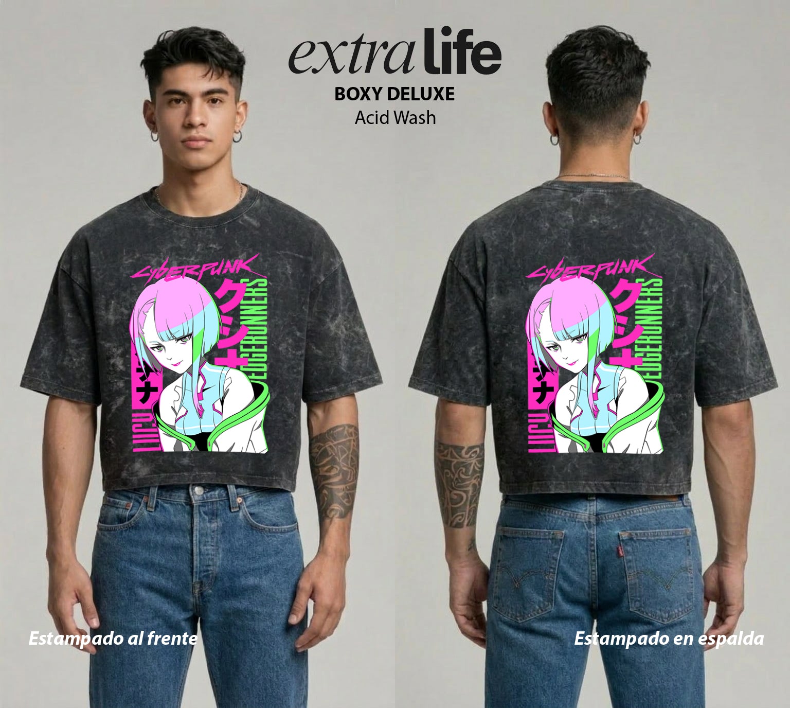 Playera streetwear premium de anime y gaming ExtraLife MX, corte boxy deluxe mineral wash heavyweight en color Acid Wash, moda urbana mexicana de culto.