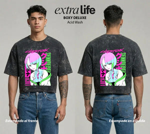 Playera streetwear premium de anime y gaming ExtraLife MX, corte boxy deluxe mineral wash heavyweight en color Acid Wash, moda urbana mexicana de culto.