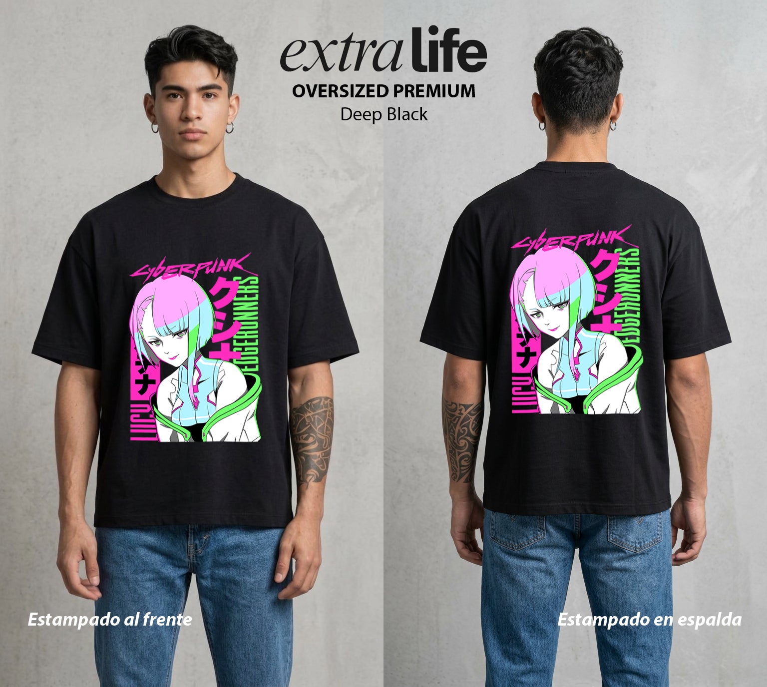 Los Corredores del Filo | La Luna y los Cables #00546 - Playera Oversized Premium | Deep Black - Foto en modelo