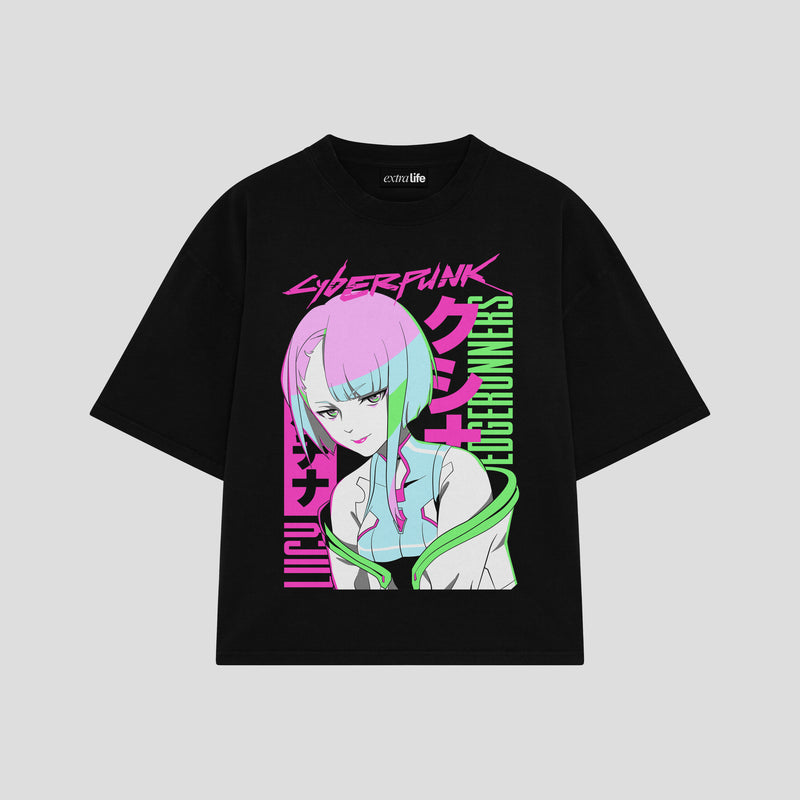 Playera streetwear premium de anime y gaming ExtraLife MX, corte boxy oversized drop shoulder heavyweight en color Deep Black y Off-White, moda urbana mexicana de culto.