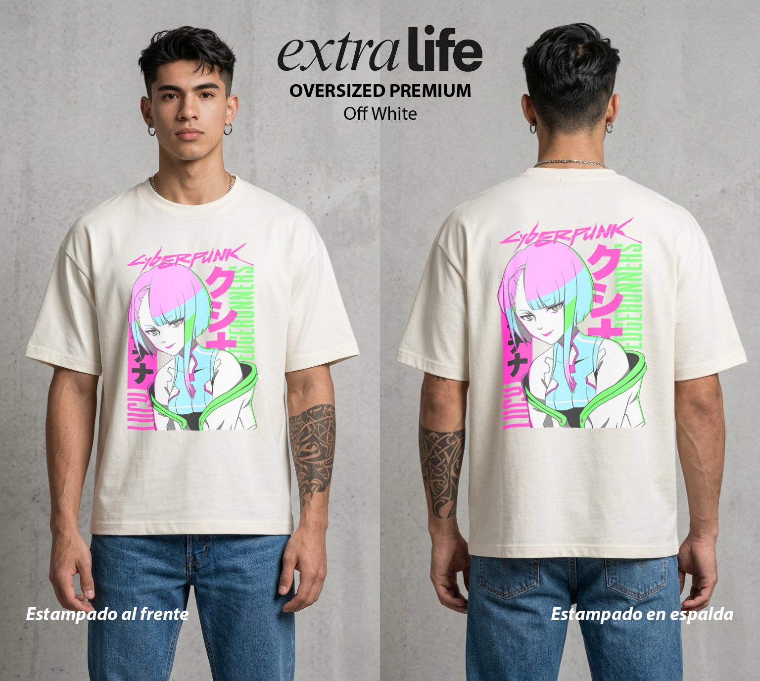 Los Corredores del Filo | La Luna y los Cables #00546 - Playera Oversized Premium | Off White - Foto en modelo