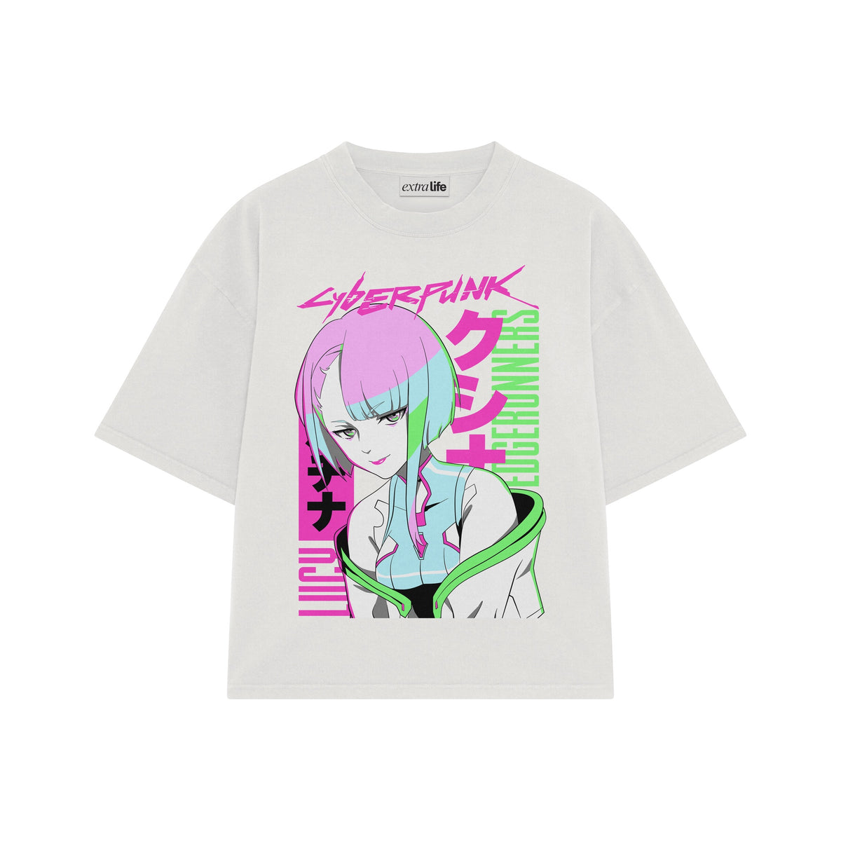 Playera streetwear premium de anime y gaming ExtraLife MX, corte oversized drop shoulder ligero y fresco en color Deep Black y Off-White, moda urbana mexicana de culto.