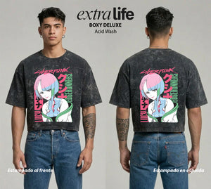 Playera streetwear premium de anime y gaming ExtraLife MX, corte boxy deluxe mineral wash heavyweight en color Acid Wash, moda urbana mexicana de culto.