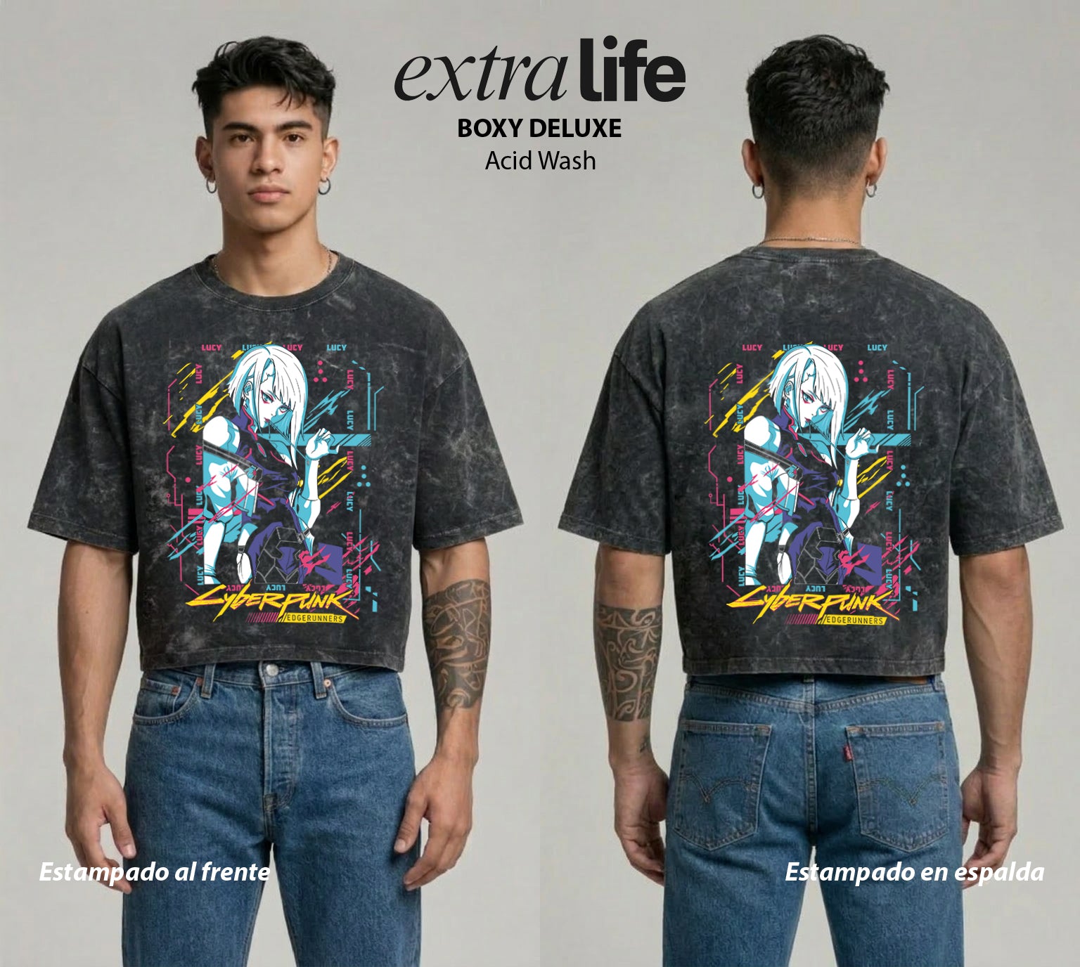 Playera streetwear premium de anime y gaming ExtraLife MX, corte boxy deluxe mineral wash heavyweight en color Acid Wash, moda urbana mexicana de culto.